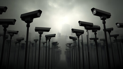 Surreal surveillance landscape with countless security cameras in foggy urban background, symbolizing privacy, control, technology, and dystopian futuristic themes