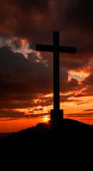 Majestic Sunset Behind Cross on Hilltop Captures Spiritual Serenity and Dramatic Sky