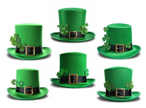 Green Leprechaun Hats with Shamrocks for St. Patrick's Day Celebration on white background