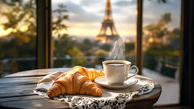 Fresh croissants and hot coffee in front of the Eiffeltower in Paris