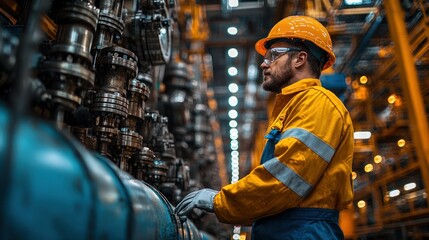Industrial Worker Inspecting Machinery in a Factory