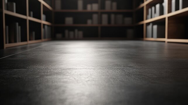 Soft reflections on the dark floor in a quiet library surrounded by empty wooden shelves