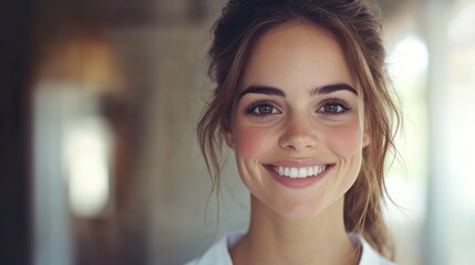Obraz premium A cheerful woman smiles warmly indoors, radiating happiness in a cozy setting