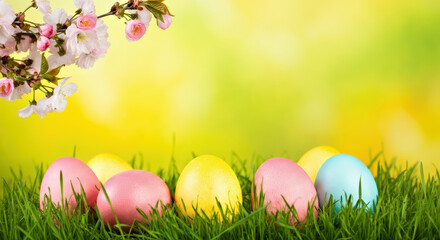 Fototapeta premium Vibrant Easter Eggs on Fresh Grass with Cherry Blossom Against a Sunny Background