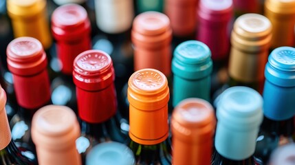 Vibrant caps of wine bottles are neatly organized, showcasing a variety of colors and styles