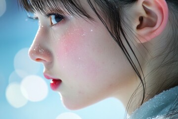 A young girl with snowflakes covering her face, a winter wonderland scene