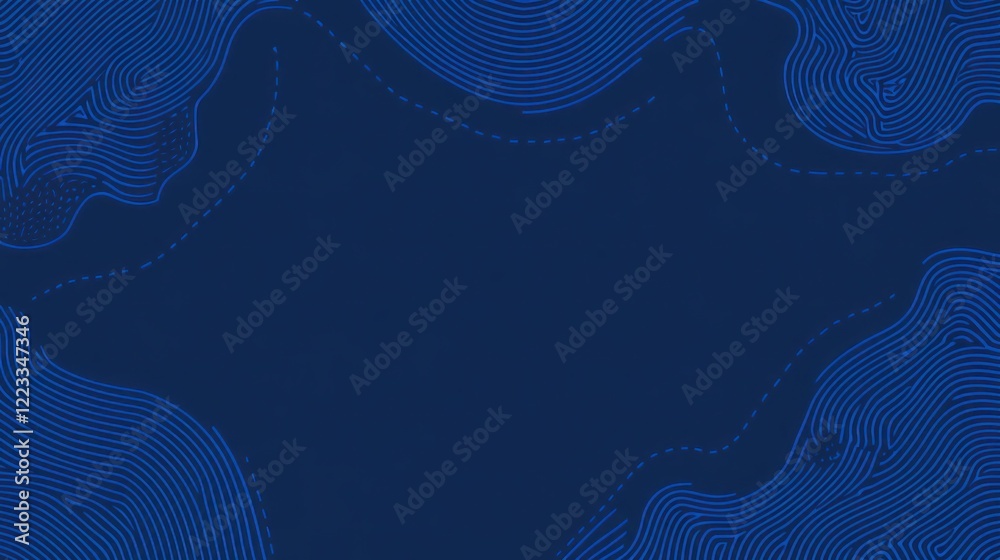 Poster bold blue background features intricate line patterns that create an illusion of depth and movement