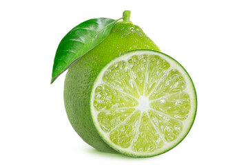 Limes with leaf on isolated white background. Slice and whole lime