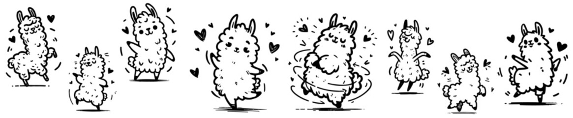 adorable hand-drawn happy dancing alpacas with hearts funny black vector shape