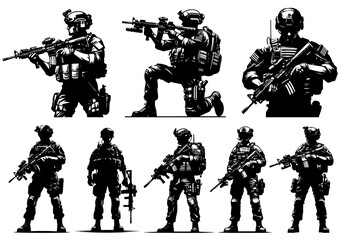 group of soldiers in tactical poses with rifles black silhouette vector