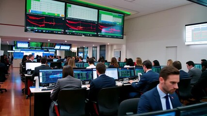 A busy stock market trading floor with screens displaying financial charts, showing market fluctuations and trading activity. - Powered by Adobe