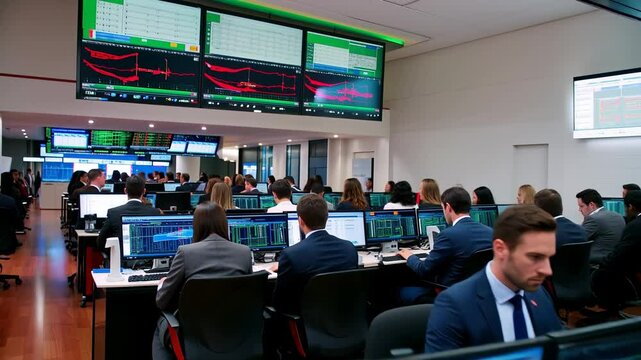 A busy stock market trading floor with screens displaying financial charts, showing market fluctuations and trading activity.