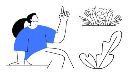 Female figure sitting with raised pointing finger, a flower cluster with tulips and a large abstract leaf. Ideal for nature, learning, inspiration, ideas, growth, floral themes modern art. Abstract