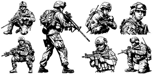 soldier illustrations in tactical gear and poses black silhouette vector monochrome engraving