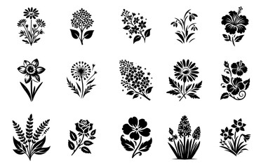 floral icons with various flower silhouette simple black decorative vector