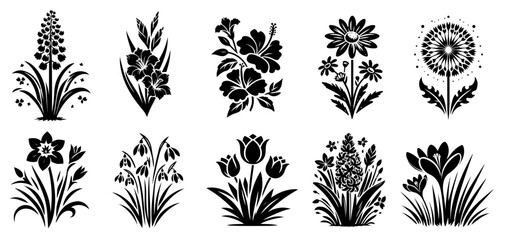 floral silhouettes with various flowers and leaves silhouette simple black decorative vector