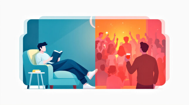 Contrast of Solitude and Socializing: Man Reading vs. Party Scene in Vibrant Colors
