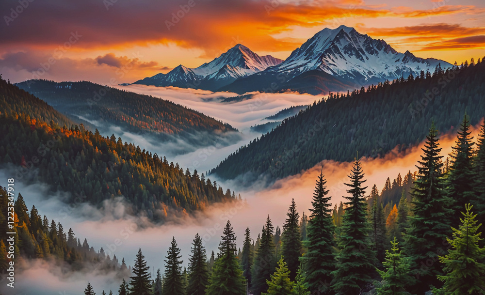 Aufkleber a mountain range with a foggy mist and a beautiful orange sky. the mountains are covered in trees an