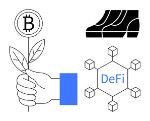 Hand holds plant with Bitcoin symbol, illustrating growth. Blockchain network with DeFi text. Automated trade exchange with robotic arms. Ideal for fintech, blockchain, cryptocurrency, automation