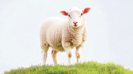 Cute Young Sheep Standing on Green Grass Under Bright Sky