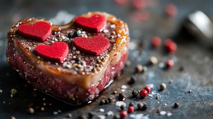 A heart-shaped piece of meat with red hearts, perfect for romantic dinner or Valentine's Day