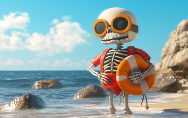 Obraz premium Realistic 3D icon cartoon of a skeleton dressed as a lifeguard, holding a rescue buoy, at a sunny beach