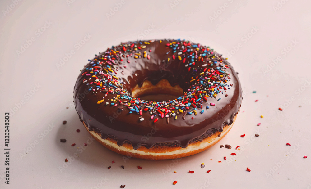Poster a chocolate donut with sprinkles on top. the sprinkles are in various colors and are scattered aroun
