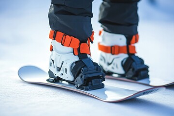 Naklejka premium Feet of a snowboarder in action, riding down the snowy slope