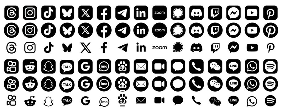 Threads, Instagram, TikTok, X, Facebook, Whatsapp, Twitter, YouTube, Telegram, Snapchat, Pinterest, Reddit, WeChat, Bluesky, Spotify and LinkedIn app icons. Set of black on white social media logos