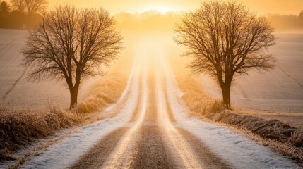 A rural landscape featuring a dirt road flanked by two trees