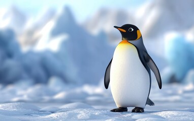 Realistic 3D icon cartoon penguin standing on icy terrain with a backdrop of glaciers