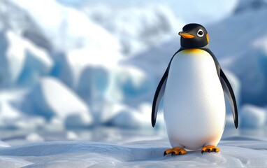 Obraz premium Realistic 3D icon cartoon penguin standing on icy terrain with a backdrop of glaciers