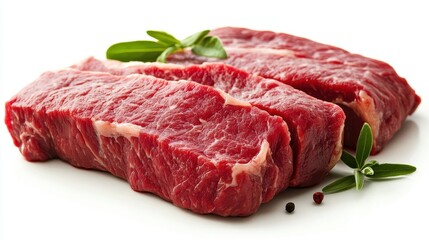 Fresh Cut Raw Beef Steaks with Herbs on White Background