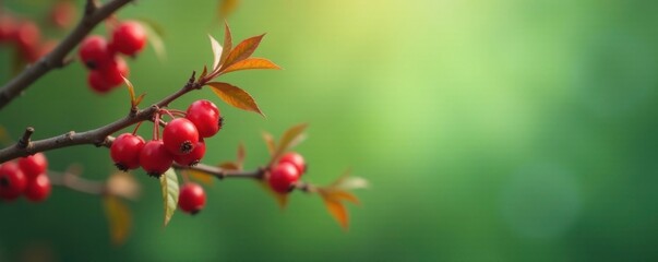 Fototapeta premium Red berries against a soft green background with bare branches, plant, autumnal