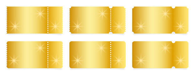Set of gold ticket mockups with ruffle edges, shining stars and shadows. Empty template. Concert, movie or theater ticket. Boarding blank, lottery, sale coupon