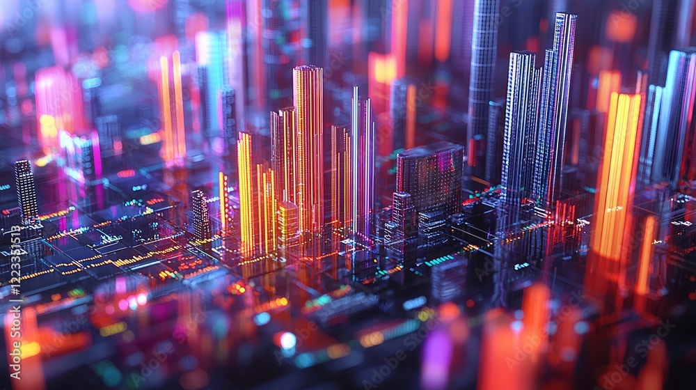 Poster Futuristic digital data visualization with colorful bar charts and graphs showcasing financial analytics and market trends in a modern city environment