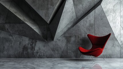 Abstract modern interior with a red chair and geometric walls