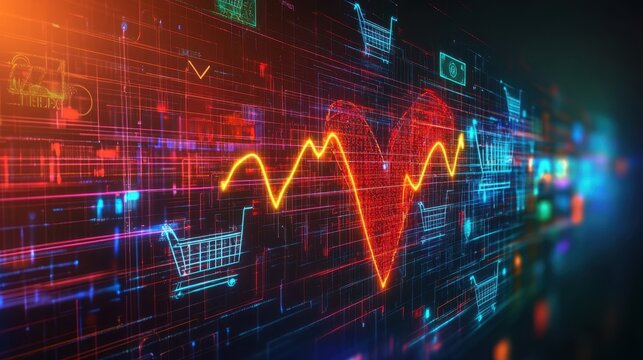 Glowing lines intertwining to form shopping carts alongside a heart shaped chart, symbolizing the rise of online sales and the enhancement of customer engagement in the digital marketplace
