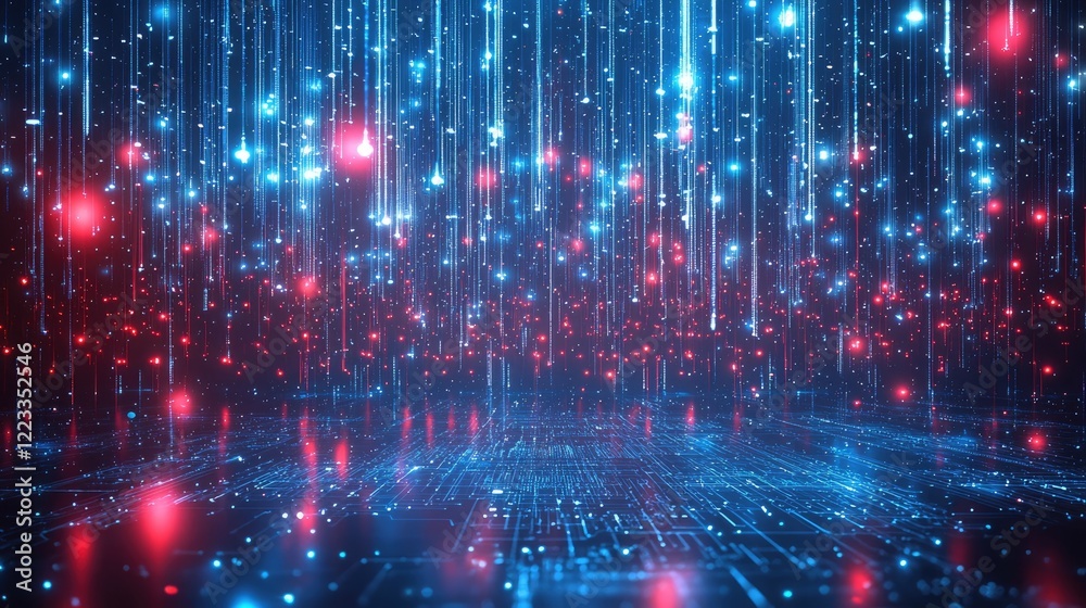 Poster Futuristic Digital Abstract Background with Glowing Blue and Red Lines, Circuit Patterns, and Data Visualizations for Technology Concepts and Design Projects