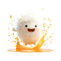 Fluffy 3D Cartoon Character Jumping into Glowing Pud Isolated on Transparent Background