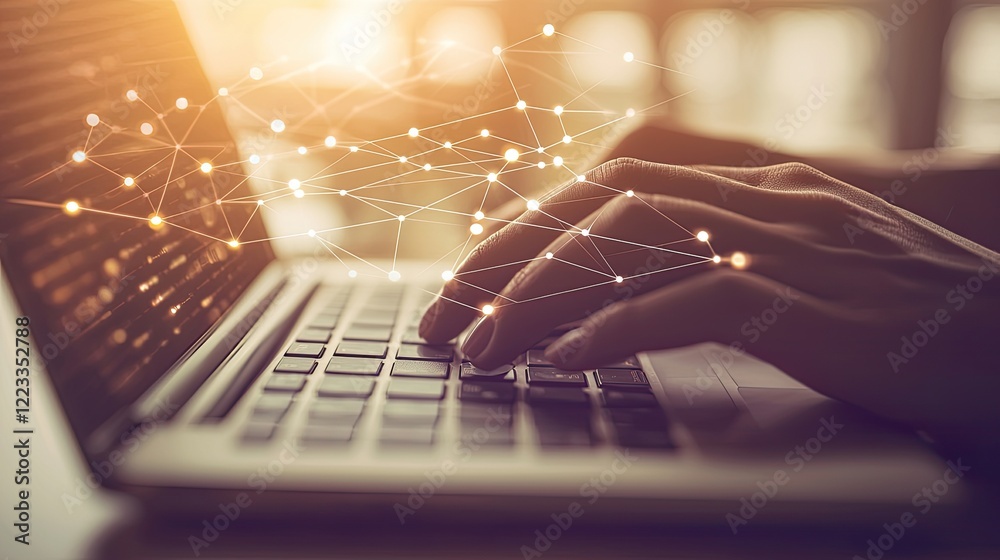 Fototapete Hands typing on laptop keyboard with digital connection interface displaying diverse business profiles and network data in modern office setting