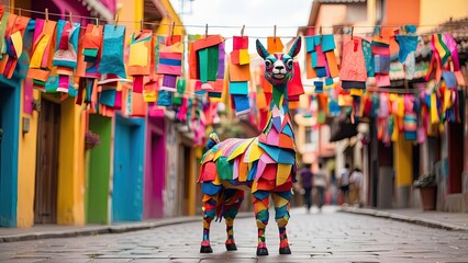 Fototapeta premium A colorful piñata shaped like a donkey, adorned with vibrant paper fringes in shades of pink,