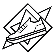 A playful and innovative logo for a shoe company, featuring a running shoe in line art style, surrounded by motion-inspired elements for an energetic feel.