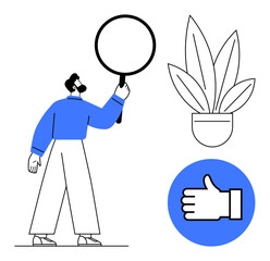 Person with magnifying glass meticulously inspects potted plant nearby thumbs up icon. Ideal for quality control, attention to detail, research, approval, analysis, observation, inspection