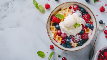 Traditional Belgian waffles with ice cream and berry fruits, homemade healthy breakfast