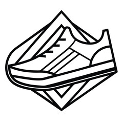A playful and innovative logo for a shoe company, featuring a running shoe in line art style, surrounded by motion-inspired elements for an energetic feel.