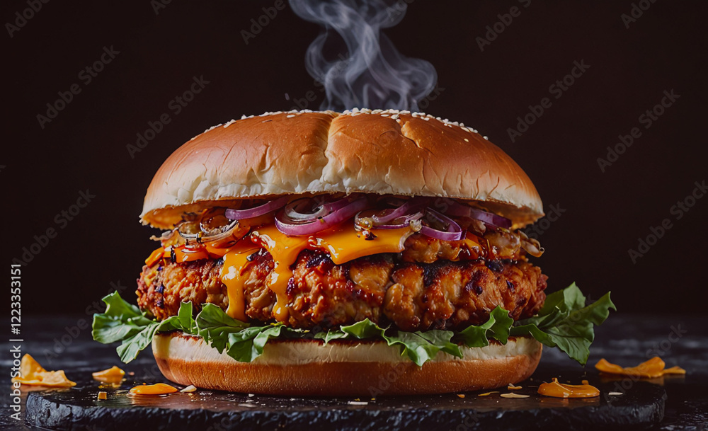 Poster A large burger with onions and cheese on it. The burger is sitting on a table with a black background