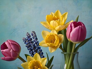 Vibrant Spring Flowers in Vase Against Textured Blue Background