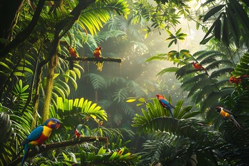 Colorful parrots perch amidst dense, vibrant green tropical rainforest foliage. Sunlight filters through the canopy, illuminating the birds and plants.