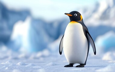 Fototapeta premium Realistic 3D icon cartoon penguin standing on icy terrain with a backdrop of glaciers